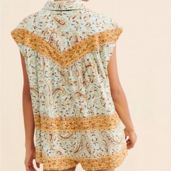 Free People Women’s Telly Collared Teal Hot Shorts Boxy Button Front Romper XS - Picture 7 of 13